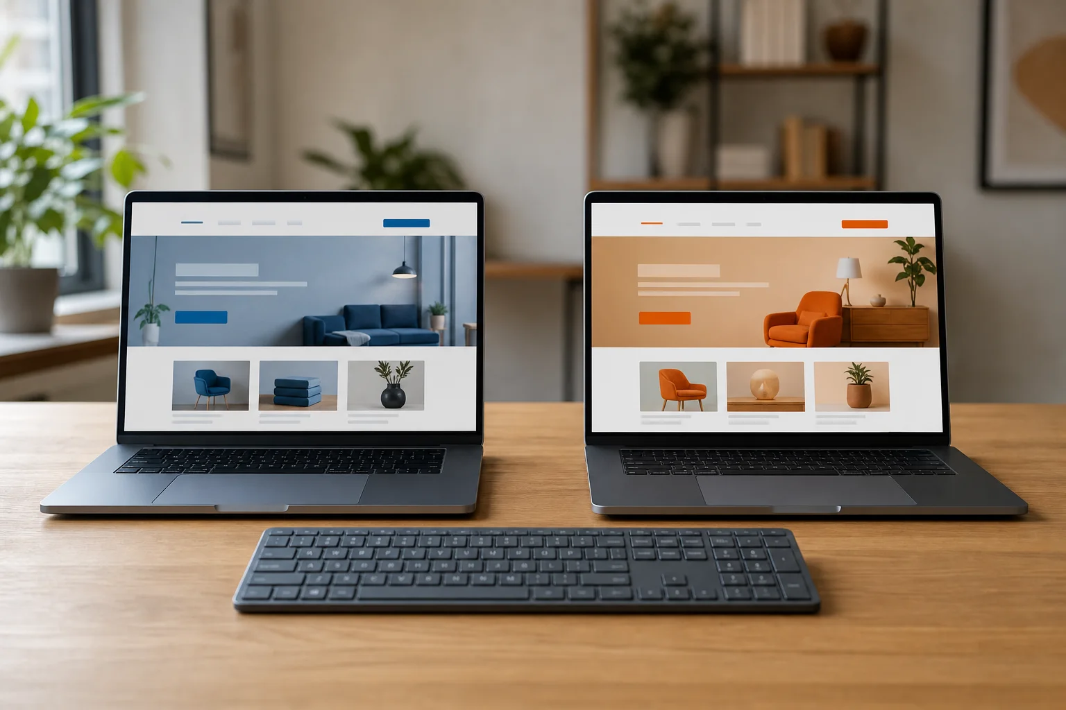 One keyboard in front of two laptops displaying different landing-page variants