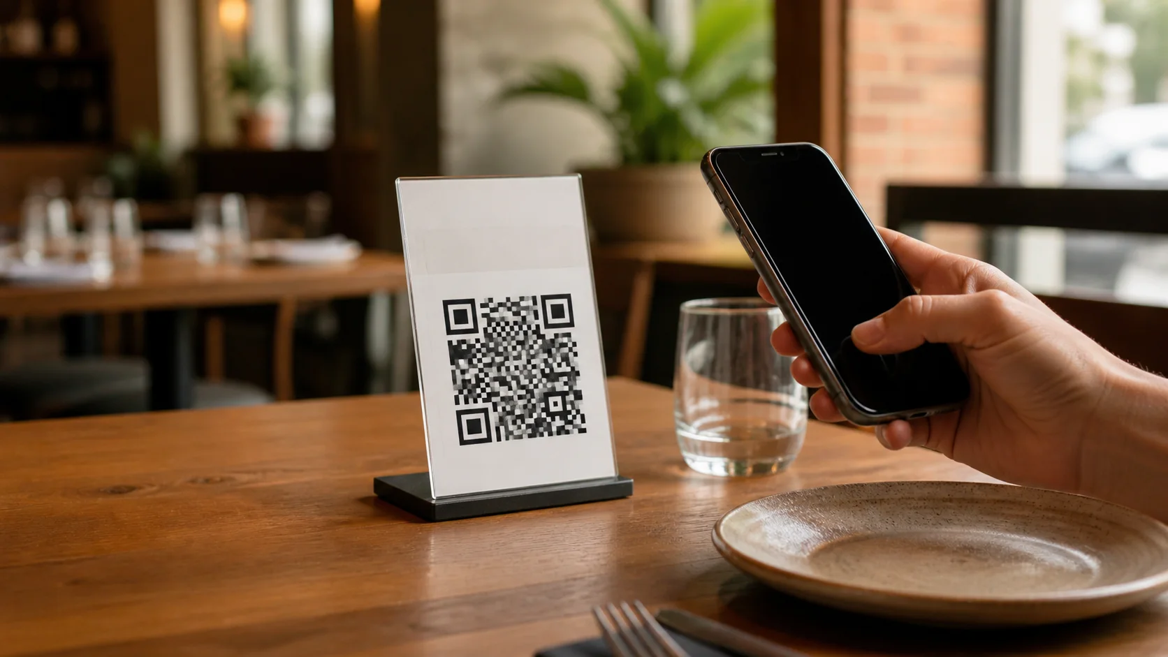 A customer scanning a QR code displayed on a restaurant table
