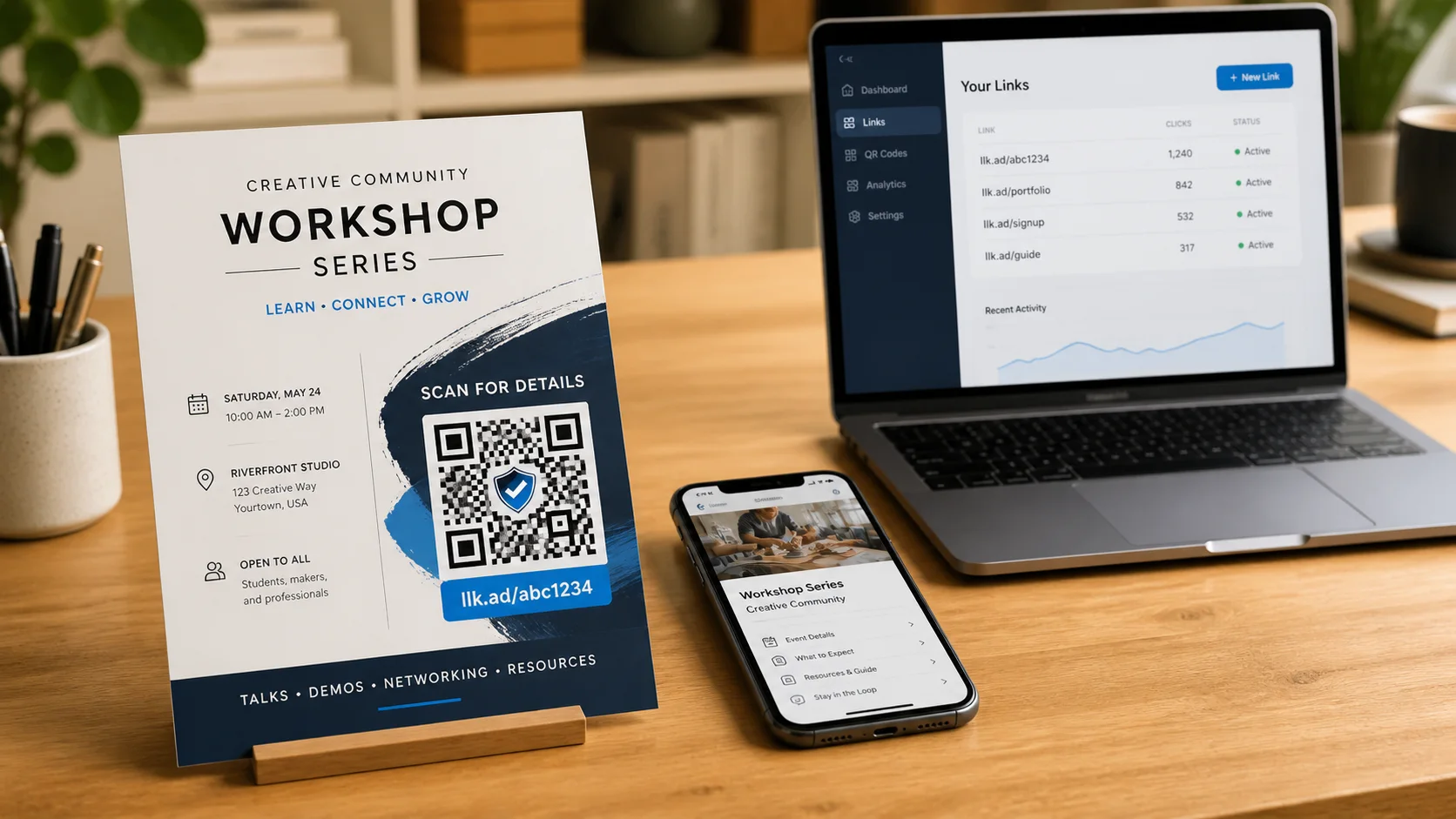 An event leaflet with a branded QR code beside a phone and link-management dashboard