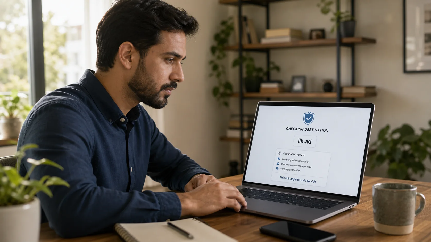 A person carefully reviewing a link-safety check on a laptop