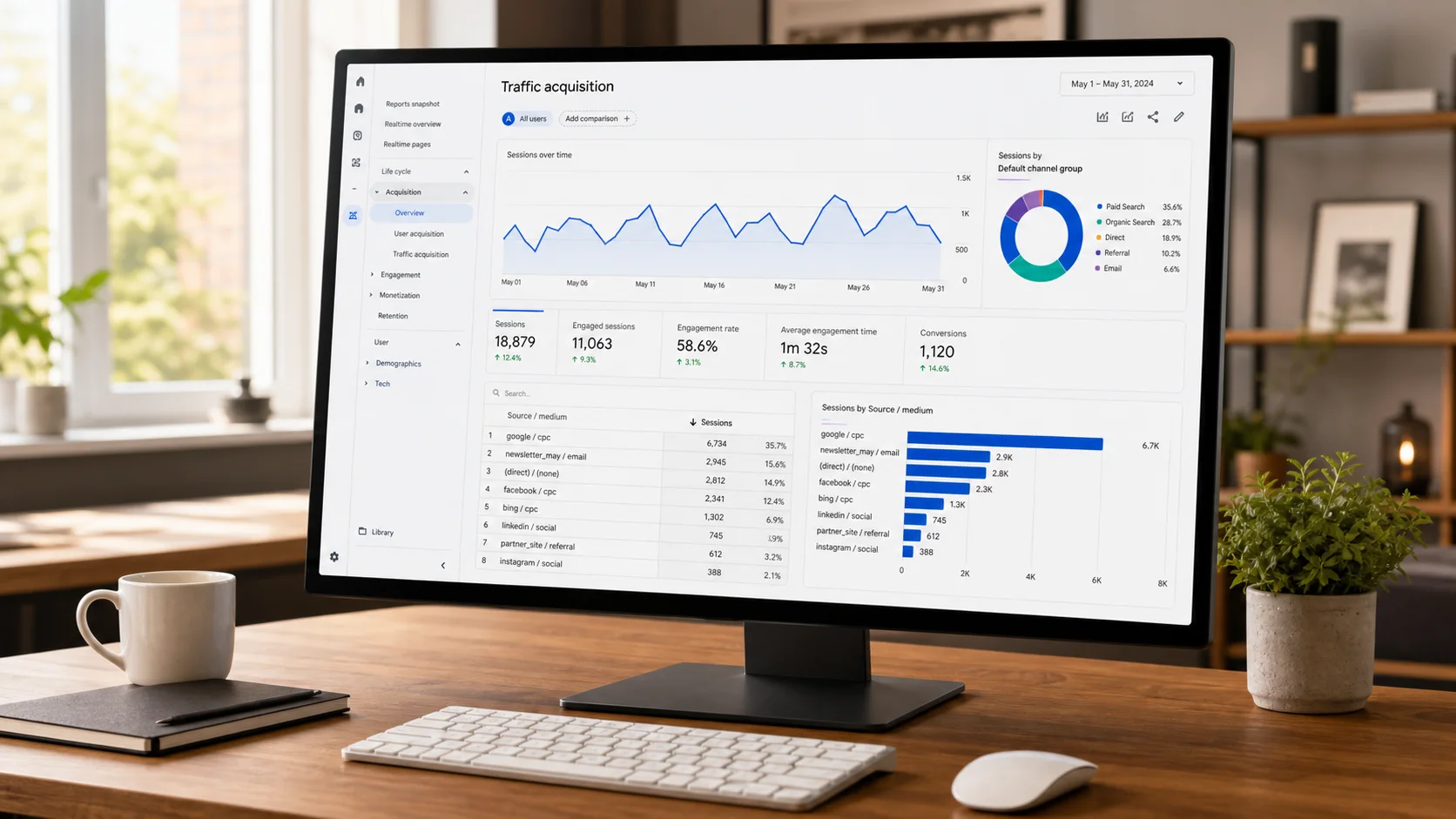 A desktop monitor showing a web traffic acquisition analytics dashboard